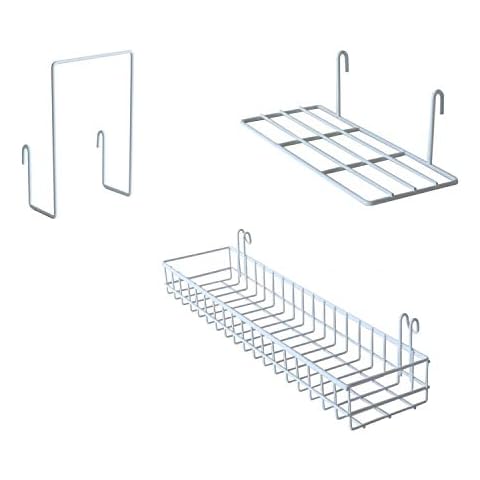 FRIADE Wall Grid Panel Hanging Basket with Hooks,Bookshelf,Display Shelf,Wall Organizer and Storage Shelf for Home Supplies,1 Set of 3 (White) Cover