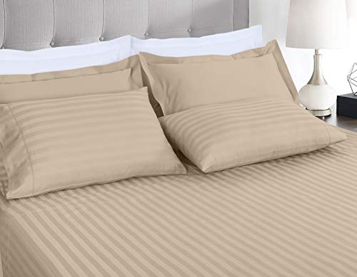 Threadmill 500 Thread Count Full Size Damask Stripe 4 Pc Luxury Cotton Sheet Set, Breathable Light Beige Sheets With 16" Elasticized Deep Pocket, 2 Pillowcases & Free Tote Bag #TOP1