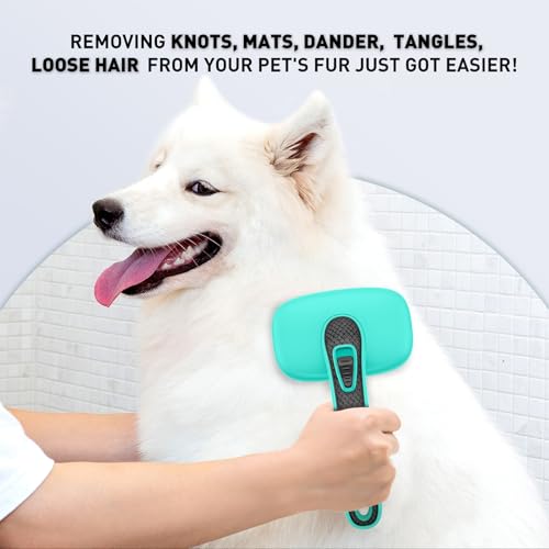 Self Cleaning Slicker Brush for Dog, Skin Friendly Shedding & Grooming Tool for Long and Short Haired Dogs and Cats, Easy Clean Retractable Bristles, Green