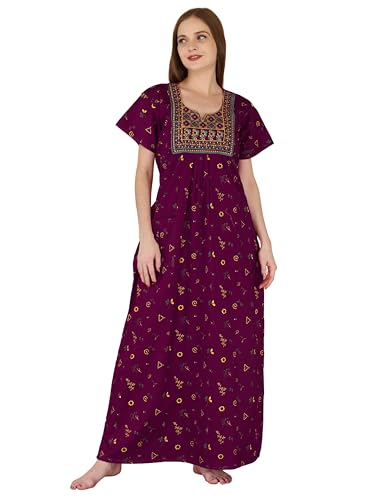 Image of DIAMO Pure Cotton Embroidery Nighty for Women, Cotton Night Gown, Night Maxi Gown, Cotton Nighty with a Pocket and Adjustable Knot