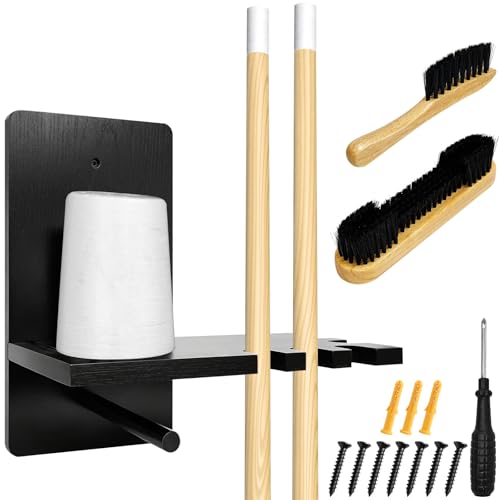 Karror 3 Sets Wall Mounted Billiard Chalk Holder, Wooden Pool Cue Chalk Storage with 5 Cue Grooves, Pool Table Accessories for Billiard Room, Game Room & Bar (Black)