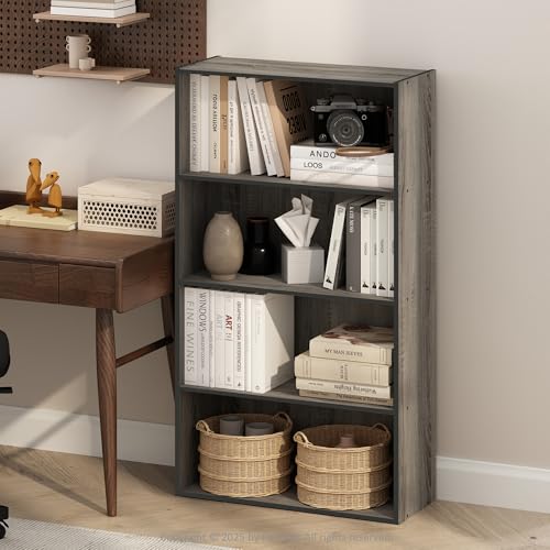 Image of Furinno Simple Book Shelf, 4-Tier Bookshelf, Bookcase with Open Shelf, 9.4 x 23.6 x 41.7, for Living Room, Bedroom, Home Office, French Oak