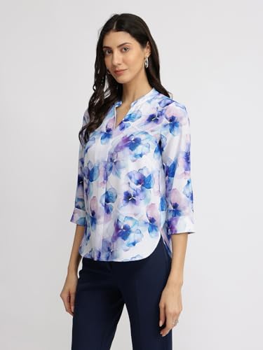 Image of FableStreet Women Shirt Work & Casual | Relaxed Fit Mandarin V-Neck Three-Quarter Sleeves Solid Pattern | Breathable Woven Fabric for Office & Everyday Wear