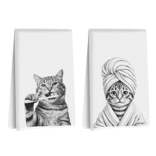 Image of Hanamiya Na 2 Pcs Cute Cat Gifts Hand Towels 24x14 Inch, Funny Cats Gift Reusable Dish Towels for Kitchen Decor, Waffle Weave Absorbent Hand Cloth Tea Towel, Cat Lover Gifts for Women Mom Friend
