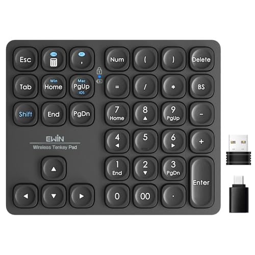 Ewin テンキー Bluetooth5.2 / 2.4G接続 2台接続 Mac対応テンキー ワイヤレス 数字キーボード Bluetoothキーボード 超薄軽量 numlock連動 Type-C充電 37キー 日本語対応 iOS iPadOS Mac Windows Androidに対応 (ニューブラック)