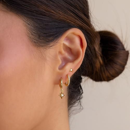 Image of Gold Earrings for Women, 14k Gold Plated Dangle Huggie Earrings for Women Trendy Dainty Gold Hoop Earring Stacks Hypoallergenic Pearl Chain Drop Cartilage Earring Fashion Womens Jewelry