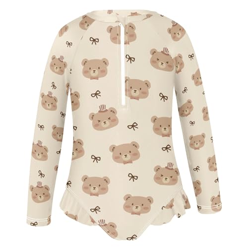 Cute Brown Bears Print Girls One Piece Rash Guard Swimsuit, Girls Long Sleeve Swimwear for 3-12Y2
