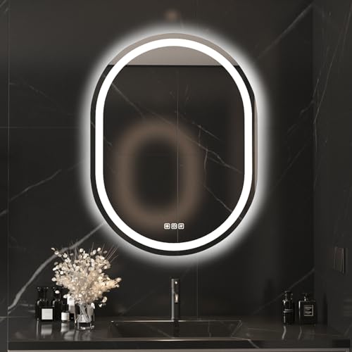 furduzz Espejo de baño LED ovalado, 600 x 800 mm, espejo de pared con luz delantera y retroiluminada, resistente al agua, inteligente, con función de memoria, 3 colores de intensidad regulable