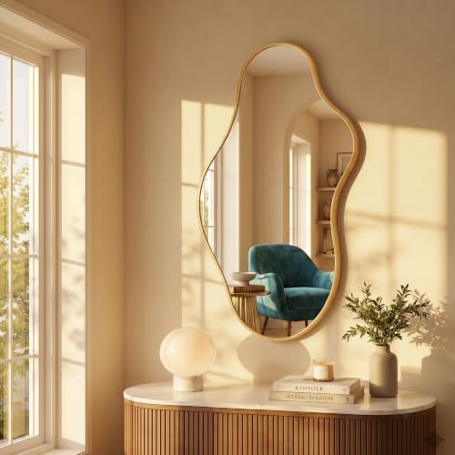 Image of Bathroom Mirror for Over Sink-Gold Room Decor Wall Mirror 20 inchx 36 inch | Irregular Wall Mirror - Asymmetrical Abstract Mirror Unique for Bedroom, Living Room, Cloakroom, Entryway