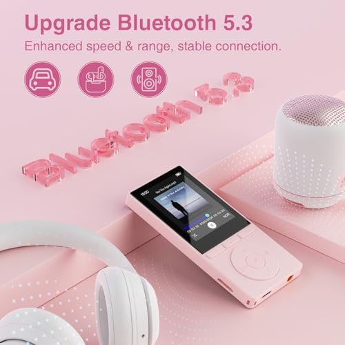 Image of 64GB MP3 Player with Bluetooth 5.3, Music Player with HiFi Sound for Sports Runners, 2.4 inch Screen MP3 Player Built in HD Speaker Voice Recorder E-Book, Expanded Up to 128GB, Earphone Included, Pink