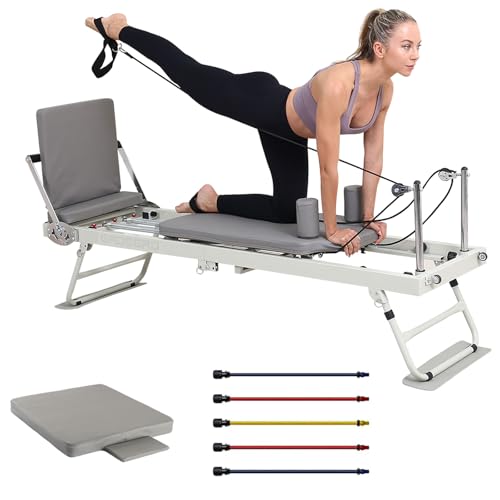 AGGBDYXO Reformer de Pilates Plegable con Tabla de Salto y Resistencia Ajustable - Reformer para casa/Estudio para Ejercicios de Core, flexibilidad y Cardio,Pedal
