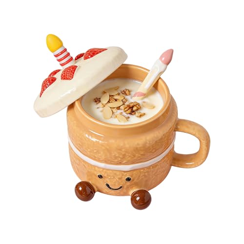 Image of Wanixue Cute Ceramic Mug, 400ml Novelty Coffee Mugs with Strawberry Lid and Spoon, Funny Cake Shaped with Feet, Aesthetic Tea Cup for Tea, Milk, Drinking Cups Birthday Gift for Girls/Women