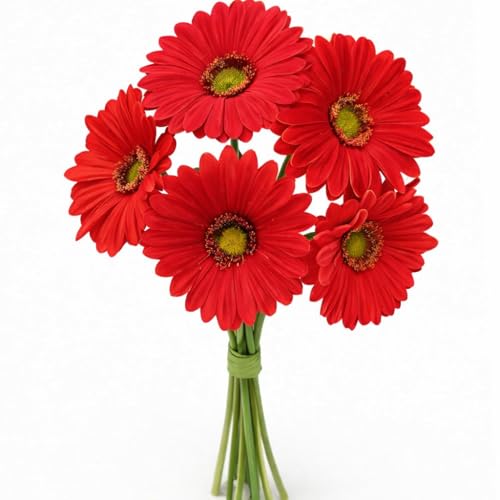 Image of CURATED CART Gerbera Daisy Flowers - Pack of 5 Red Faux Blooms, 30cm Tall | Real Touch PU Petals with Bendable Green Stems | Artificial Flower Bouquet for Home, Kitchen, Office (Red) (No Vase)