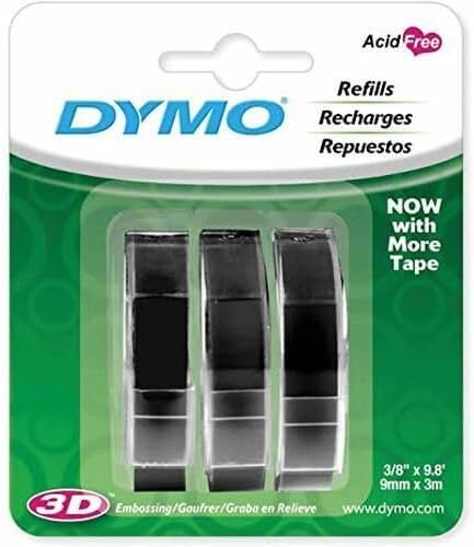 Dymo 1741670 3 Pack Black 3/8" x 9.8' ft Embossing Tape Refills - Quantity 66