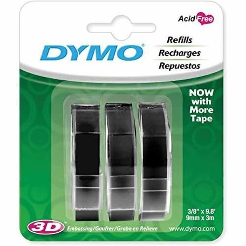 Dymo 1741670 3 Pack Black 3/8" x 9.8' ft Embossing Tape Refills - Quantity 66