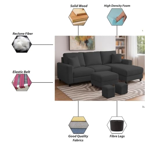 Image of Casaliving Rolando 4 Seater L Shape Sofa Set for Living Room Left Side (Black, 4 Seater with Ottoman - RHS) Sofa Set