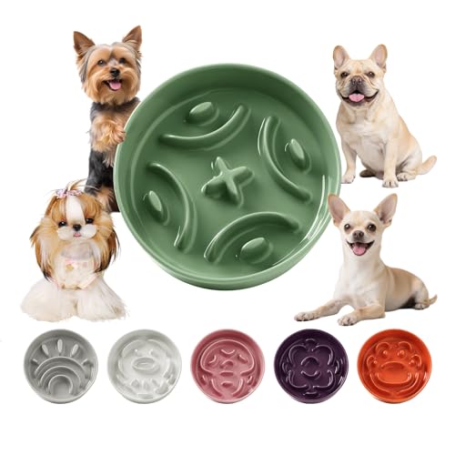 Ceramic Dog Slow Feeder Bowl - Small Dog Food Dish with Maze Puzzle Design - Slow Eating Puzzle Feeder for Pet Feed & Food Control - Whisker-Friendly Bowl for Cat Feeding - 6.3 Inch - 180 g - Green