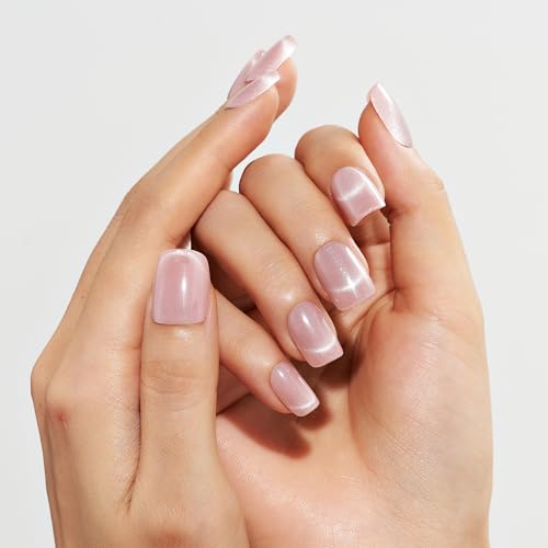 GLAMERMAID Nude Pink Cat Eyes French Tip Press on Nails Short Square, Glitter Magnet Handmade Soft Gel Fake Nail Kit, 30 Pcs Glitter Magnetic Glue on Nail Squoval, Medium Stick on False Nail for Women — view 4