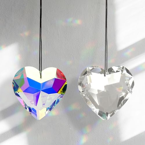 Atrapasol de Cristal con Forma de Corazón – Juego de 2 Piezas de 45mm con Efecto Arcoíris, Decoración Colgante para Ventana, Jardín