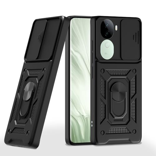 Image of Pikkme Back Cover for Vivo V40e 5G / iQOO Z9s 5G | 360 Protection Case | Sliding Camera Shield Cover & Ring Holder Stand D10 Tough Armor Bumper Case (Black)