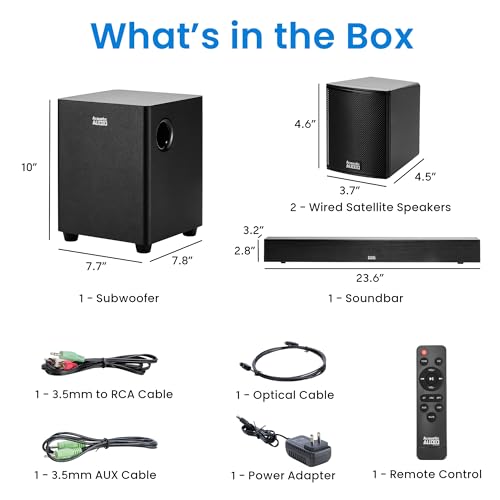 Acoustic Audio 5.1 Surround Sound Home Theater Sound Bar with Bluetooth, RCA, Optical, ARC, AUX, Wireless Subwoofer and Remote Control - AA5190 (Black)