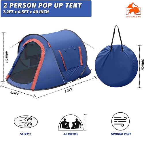 Image of BISONBERG Polyester Camping Tent 2 Person Ultralight Easy Set Up and Carry Family Backpacking for Camping, Hiking, Outdoor Festivals, Car Trip, Blue,Red