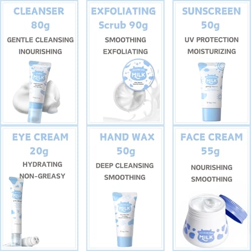 Evolvique Milk Skincare Set Teen Girls Gifts - Skin Care for Teens 10-12 - Skin Care Set Moisturizing - Skin Care Routine Kit for Women - Skincare for Girls 10-12 - with Eye&Face Cream,Sunscreen(8PCS, Milk)