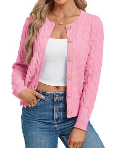 GRACE KARIN Womens Cable Knit Cardigan Lightweight Button Up Sweaters Early Fall Fashion Teacher School Outfits XL Pink