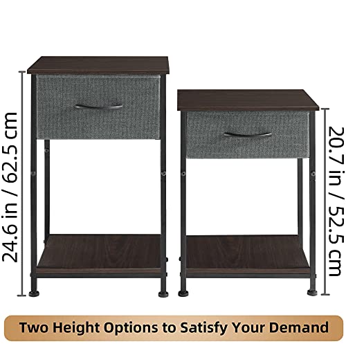 Somdot Nightstands Set Of 2, Bedside Table End Table For Bedroom Nursery Living Room - Removable Fabric Drawer, Open Storage Shelf, Sturdy Steel Frame, Durable Wood Top - Charcoal Grey/Dark Walnut #TOP6