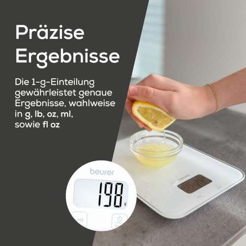 Beurer KS 19 Pure White digitale Küchenwaage, Tragkraft bis zu 5 kg (1-g-genaue Einteilung), Haushaltswaage mit Sensor-Touch… – Ansicht 4