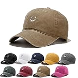 Tefelory Cute Smile Face Baseball Cap for Women Men Adjustable Vintage Washed Cotton Low Profile Dad Hat Khaki