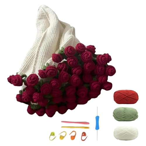 GETJOY 70 * 70cm Crochet Flower Bouquet Blanket Kit, Rose Blanket DIY Set with Nine Yarn Skeins, Hook Needle & Pins, Bouquet Blanket Craft Project for Home Decor, Flower Bouquet Blanket