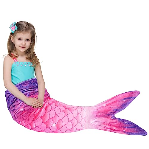 Manta de Cola de Sirena - Manta Súper Suave para Niña 140 x 60 cm Sirena Todas Las Estaciones Bolsa de Dormir Franela Regalo Cumpleaños Navidad (Morado & Rosa)