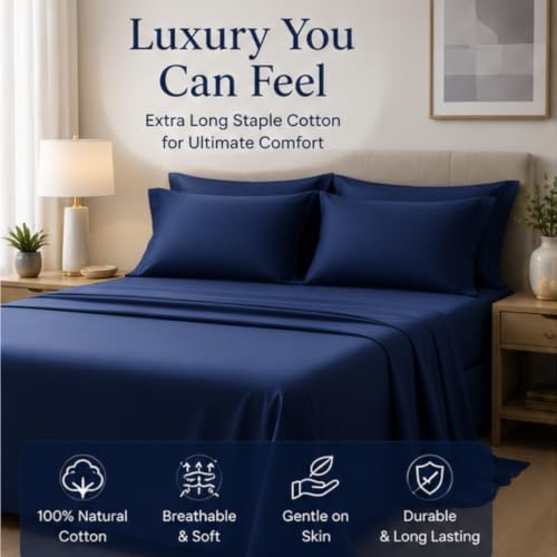 Image of Egyptian Cotton Feel Double Size Flat Bedsheet with 2 Pillow Covers | 800 TC Soft & Breathable | Navy Blue Solid Pattern for Bedrooms and Hotels Use (Size: 60 x 100 Inch)