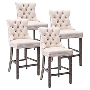 Kiztir Counter Height Bar Chairs Set of 4, 27" Modern Velvet Bar Stools with Button Decor, Nailhead Trim, Solid Wooden Legs, Beige Upholstered Bar Stools for Kitchen, Cafe, Pub (Beige) Kiztir Counter Height Bar Chairs Set of 4 27 Modern Velvet Bar Stools with Button Decor Nailhead Trim Solid Wooden Legs Beige Upholstered Bar Stools for Kitchen Cafe Pub Beige