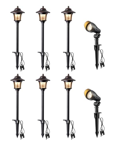 EDISHINE 8 Pack Low Voltage Landscape Lights Kit, 3W 120LM LED Pathway Lights & 3.2W 240LM Spotlights, 12V Outdoor Landscape Lighting with Connectors, Aluminum Landscape Light for Yard Path, Garden