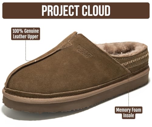 Image of Project Cloud Mens Slippers Genuine Leather Australian Shearling Slippers | Memory Foam Insole Non Slip Fuzzy Shoes Indoor Outdoor Warm Cozy Footwear Everyday Comfort Soft Lining Cushioned Sole Easy On