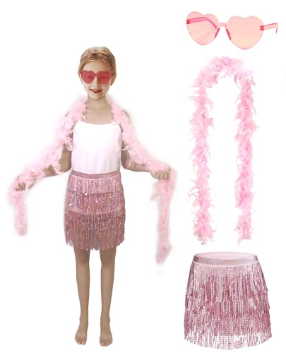 Girls Sequin Skirt Kids Fringe Tassel Skirt Feather Boa Sunglasses Belly Dance Rave Disco Tutu for 3-12Y Pink