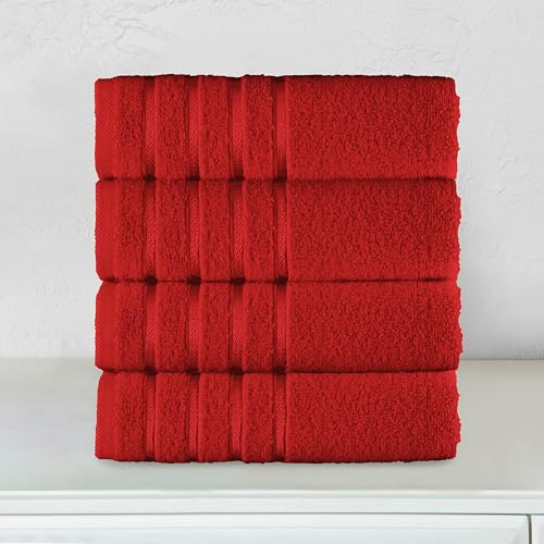 Image of Elegant Comfort 100% Turkish Cotton 4 Lines Viscose Stripe Luxury 4 Pack Hand Towel Set - Ultra Absorbent and Soft 16 x 28 Inch Premium Hotel Spa Quality Towels for Everyday Bath Use, Red