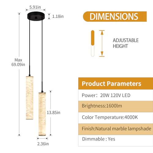 Image of LMQNINE Natural Alabaster Pendant Lights for Kitchen Island White Marble Long Tube Chandelier 4000K Modern Black Ceiling Light Fixtures for Bedroom Dining Room Table Living Room Hallway(M-2Light)