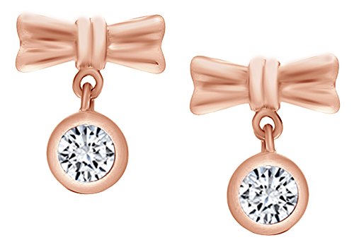 Round Cut White Cubic Zirconia Ribbon Bow Dangle Earrings In 14k Rose Gold Over Sterling Silver