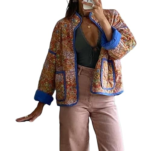 Loalirando Veste Doudoune Femme Imprimée Florale à Manches Longues Blouson Manteau Court Mi Saison Chaud (Kaki, S)