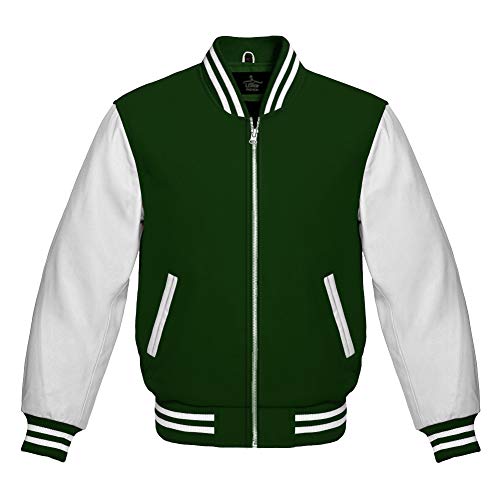 Varsity Baseball Letterman Bomber School Collage Green Wool and Genuine White Leather Sleeves Zipper Jacket
