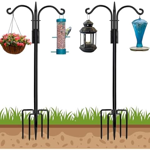 STAUKOK Double Shepherds Hooks for Outdoor, 2 Pack 74 Inch New Version Bird Feeder Pole with 5 Prongs Base, Heavy Duty Garden Hook for Hanging Plant, Lantern, Hummingbird Feeder Cover