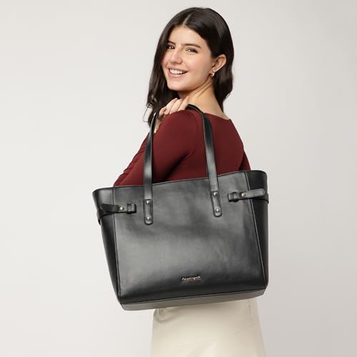 Image of Fastrack Black Powermode Laptop Tote For Women | Black Faux Leather Bag | Fits Upto 15 inch Laptop | Ladies Tote Bag with Zipper Closure & Utility Pockets