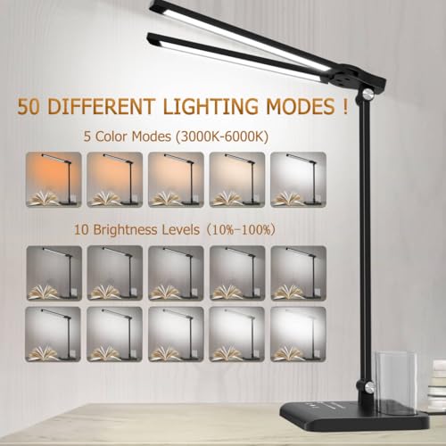 Dimmable LED Desk Lamp with USB Charging Port, 50 Lighting Modes Dual Swing Arm Architect Table Lamp Light Desk Lamp for Home Office Dorm Piano Nail - image 4