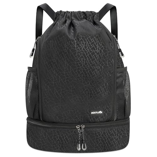 Image of HOLYLUCK Drawstring Backpack Gym Bag with Shoe Compartment for Soccer,Basketball, String Swim Beach Bag for Men Women, Black