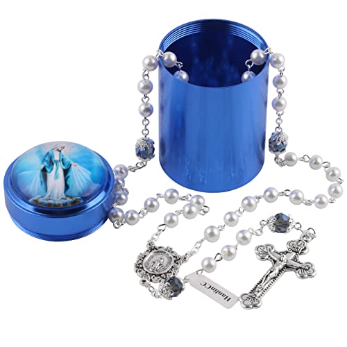 HanlinCC 6mm White Glass Pearl Beads Catholic Rosary Necklace with Virgin Mary Blue Catholic Metal Gift Box for Women (White Virgin Mary Rosary) - Thumbnail 2