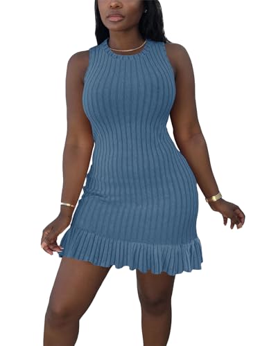 STOLKISS Women Summer Tank Dresses Sleeveless Crew Neck Basic Bodycon Mini Dress Casual Ribbed Knit with Ruffle Hem Sexy 2026 Navy Blue