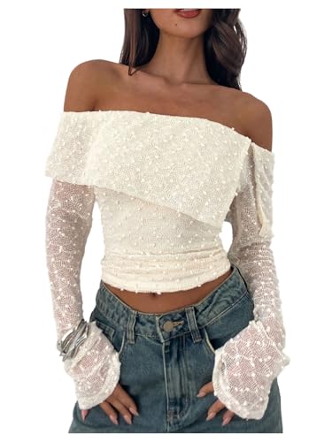 Milumia Women's Off The Shoulder Crop Top Sheer Long Sleeve Ruched